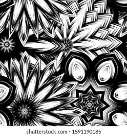 Seamless floral background. Tracery handmade nature ethnic fabric backdrop pattern with saturated dark flowers. Textile design texture. Decorative binary monochrome black and white art. Vector