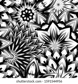 Seamless floral background. Tracery handmade nature ethnic fabric backdrop pattern with saturated dark flowers. Textile design texture. Decorative binary monochrome black and white art. Vector