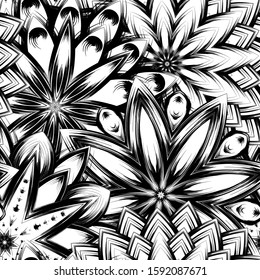 Seamless floral background. Tracery handmade nature ethnic fabric backdrop pattern with saturated dark flowers. Textile design texture. Decorative binary monochrome black and white art. Vector