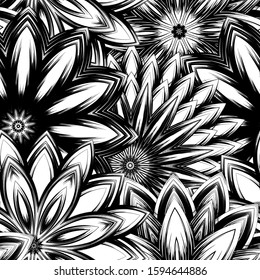 Seamless floral background. Tracery handmade nature ethnic fabric backdrop pattern with saturated dark flowers. Textile design texture. Decorative binary monochrome black and white art. Vector