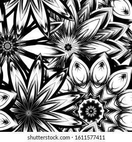 Seamless floral background. Tracery handmade nature ethnic fabric backdrop pattern with saturated dark flowers. Textile design texture. Decorative binary monochrome black and white art. Vector