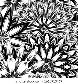 Seamless floral background. Tracery handmade nature ethnic fabric backdrop pattern with saturated dark flowers. Textile design texture. Decorative binary monochrome black and white art. Vector