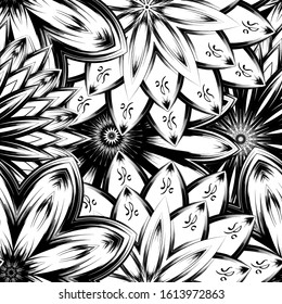 Seamless floral background. Tracery handmade nature ethnic fabric backdrop pattern with saturated dark flowers. Textile design texture. Decorative binary monochrome black and white art. Vector