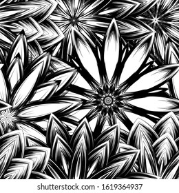 Seamless floral background. Tracery handmade nature ethnic fabric backdrop pattern with saturated dark flowers. Textile design texture. Decorative binary monochrome black and white art. Vector