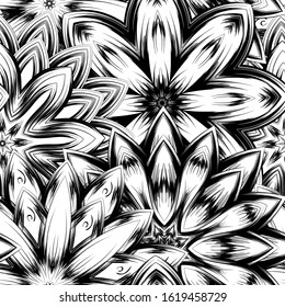 Seamless floral background. Tracery handmade nature ethnic fabric backdrop pattern with saturated dark flowers. Textile design texture. Decorative binary monochrome black and white art. Vector