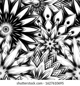 Seamless floral background. Tracery handmade nature ethnic fabric backdrop pattern with saturated dark flowers. Textile design texture. Decorative binary monochrome black and white art. Vector
