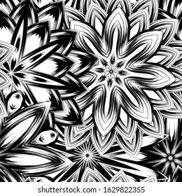 Seamless floral background. Tracery handmade nature ethnic fabric backdrop pattern with saturated dark flowers. Textile design texture. Decorative binary monochrome black and white art. Vector