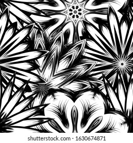 Seamless floral background. Tracery handmade nature ethnic fabric backdrop pattern with saturated dark flowers. Textile design texture. Decorative binary monochrome black and white art. Vector