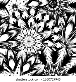 Seamless floral background. Tracery handmade nature ethnic fabric backdrop pattern with saturated dark flowers. Textile design texture. Decorative binary monochrome black and white art. Vector