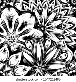 Seamless floral background. Tracery handmade nature ethnic fabric backdrop pattern with saturated dark flowers. Textile design texture. Decorative binary monochrome black and white art. Vector