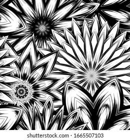 Seamless floral background. Tracery handmade nature ethnic fabric backdrop pattern with saturated dark flowers. Textile design texture. Decorative binary monochrome black and white art. Vector