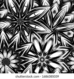 Seamless floral background. Tracery handmade nature ethnic fabric backdrop pattern with saturated dark flowers. Textile design texture. Decorative binary monochrome black and white art. Vector