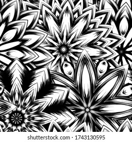 Seamless floral background. Tracery handmade nature ethnic fabric backdrop pattern with saturated dark flowers. Textile design texture. Decorative binary monochrome black and white art. Vector