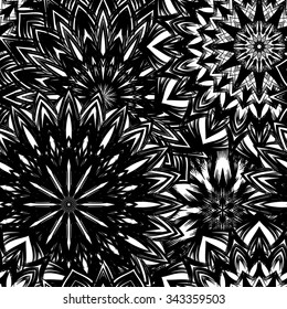 Seamless floral background. Tracery handmade nature ethnic fabric backdrop pattern with flowers. Textile design texture. Decorative binary art. Vector. 