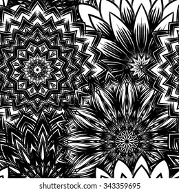 Seamless floral background. Tracery handmade nature ethnic fabric backdrop pattern with flowers. Textile design texture. Decorative binary art. Vector. 
