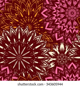 Seamless floral background. Tracery handmade nature ethnic fabric backdrop pattern with flowers. Textile design texture. Decorative color art. Vector. 