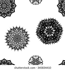 Seamless floral background. Tracery handmade nature ethnic fabric backdrop pattern with flowers. Textile design texture. Decorative binary art. Vector. 