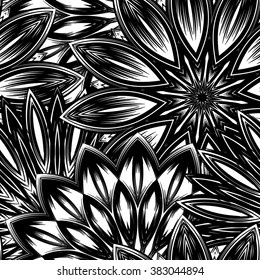 Seamless floral background. Tracery handmade nature ethnic fabric backdrop pattern with flowers. Textile design texture. Decorative binary art. Vector.