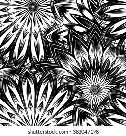 Seamless floral background. Tracery handmade nature ethnic fabric backdrop pattern with flowers. Textile design texture. Decorative binary art. Vector.