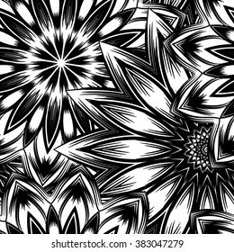 Seamless floral background. Tracery handmade nature ethnic fabric backdrop pattern with flowers. Textile design texture. Decorative binary art. Vector.