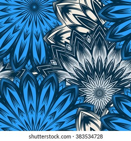 Seamless floral background. Tracery handmade nature ethnic fabric backdrop pattern with flowers. Textile design texture. Decorative colorful art. Vector.