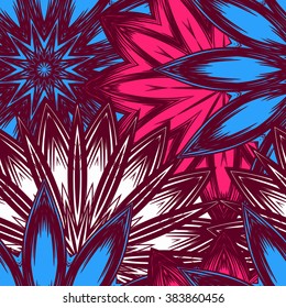 Seamless floral background. Tracery handmade nature ethnic fabric backdrop pattern with flowers. Textile design texture. Decorative colorful art. Vector.