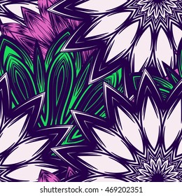 Seamless floral background. Tracery handmade nature ethnic fabric backdrop pattern with flowers. Textile design texture. Decorative color art. Vector.