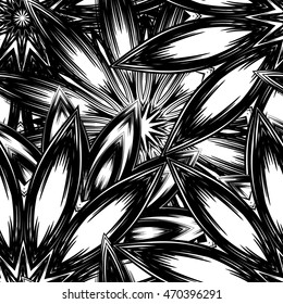 Seamless floral background. Tracery handmade nature ethnic fabric backdrop pattern with flowers. Textile design texture. Decorative binary monochrome black and white art. Vector.