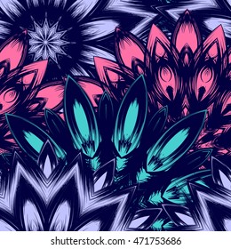 Seamless floral background. Tracery handmade nature ethnic fabric backdrop pattern with flowers. Textile design texture. Decorative color art. Vector.
