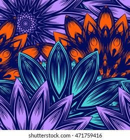 Seamless floral background. Tracery handmade nature ethnic fabric backdrop pattern with flowers. Textile design texture. Decorative color art. Vector.