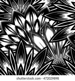 Seamless floral background. Tracery handmade nature ethnic fabric backdrop pattern with flowers. Textile design texture. Decorative binary black and white art. Vector.