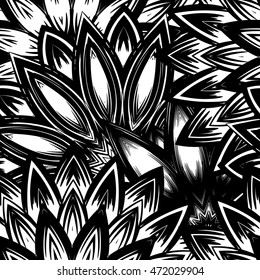 Seamless floral background. Tracery handmade nature ethnic fabric backdrop pattern with flowers. Textile design texture. Decorative binary black and white art. Vector.