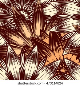 Seamless floral background. Tracery handmade nature ethnic fabric backdrop pattern with flowers. Textile design texture. Decorative color art. Vector.