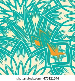 Seamless floral background. Tracery handmade nature ethnic fabric backdrop pattern with flowers. Textile design texture. Decorative color art. Vector.