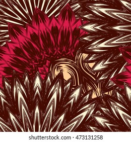 Seamless floral background. Tracery handmade nature ethnic fabric backdrop pattern with flowers. Textile design texture. Decorative color art. Vector.