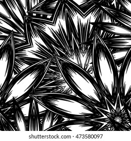 Seamless floral background. Tracery handmade nature ethnic fabric backdrop pattern with flowers. Textile design texture. Decorative binary black and white art. Vector.