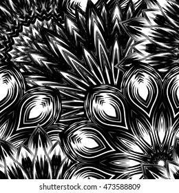 Seamless floral background. Tracery handmade nature ethnic fabric backdrop pattern with flowers. Textile design texture. Decorative binary black and white art. Vector.