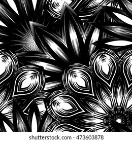 Seamless floral background. Tracery handmade nature ethnic fabric backdrop pattern with flowers. Textile design texture. Decorative binary black and white art. Vector.