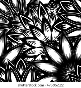Seamless floral background. Tracery handmade nature ethnic fabric backdrop pattern with flowers. Textile design texture. Decorative binary black and white art. Vector.