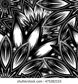 Seamless floral background. Tracery handmade nature ethnic fabric backdrop pattern with flowers. Textile design texture. Decorative binary black and white art. Vector.