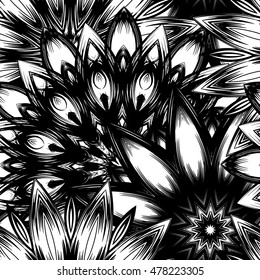 Seamless floral background. Tracery handmade nature backdrop pattern with flowers. Textile design texture. Decorative binary monochrome black and white art. Vector.