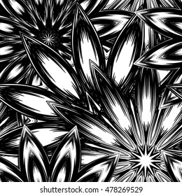 Seamless floral background. Tracery handmade nature backdrop pattern with flowers. Textile design texture. Decorative binary monochrome black and white art. Vector.