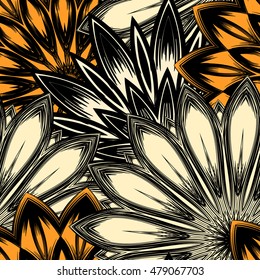 Seamless floral background. Tracery handmade nature backdrop pattern with flowers. Textile design texture. Decorative color art. Vector.