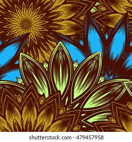 Seamless floral background. Tracery handmade nature ethnic fabric backdrop pattern with flowers. Textile design texture. Decorative color art. Vector.