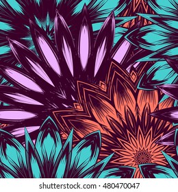 Seamless floral background. Tracery handmade nature ethnic fabric backdrop pattern with flowers. Textile design texture. Decorative color art. Vector.