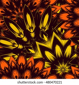 Seamless floral background. Tracery handmade nature ethnic fabric backdrop pattern with flowers. Textile design texture. Decorative color art. Vector.