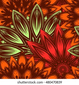 Seamless floral background. Tracery handmade nature ethnic fabric backdrop pattern with flowers. Textile design texture. Decorative color art. Vector.