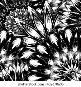 Seamless floral background. Tracery handmade nature ethnic fabric backdrop pattern with flowers. Textile design texture. Decorative binary monochrome black and white art. Vector.