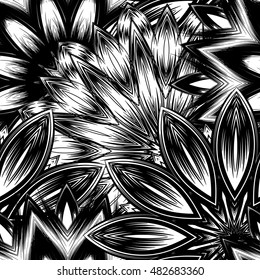 Seamless floral background. Tracery handmade nature ethnic fabric backdrop pattern with flowers. Textile design texture. Decorative binary monochrome black and white art. Vector.