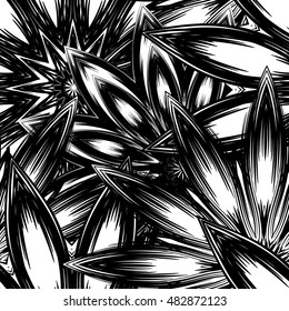 Seamless floral background. Tracery handmade nature ethnic fabric backdrop pattern with flowers. Textile design texture. Decorative binary monochrome black and white art. Vector.